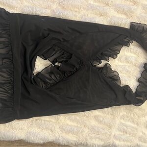 Peppermayo Elegant Black Ruffle Halter Top